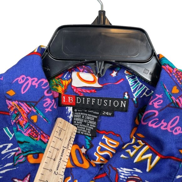 IB Diffusion Button Up Shirt Womens 24W Blue Graphic Destination Vacation Rayon - Picture 3 of 6